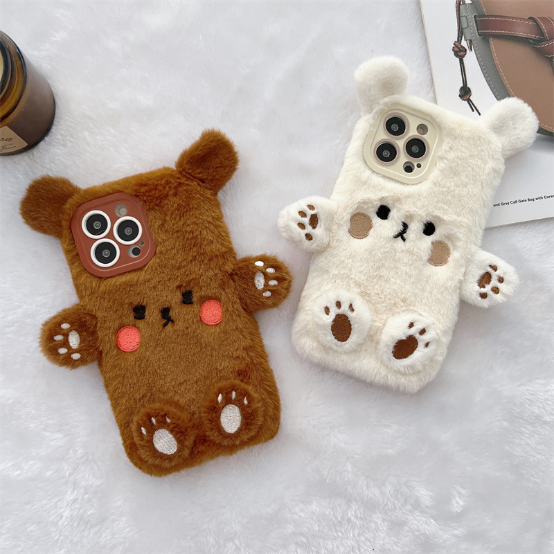 Phone Cases For Iphone 16 - Korean 3D Cartoon Bear Fluffy Plush