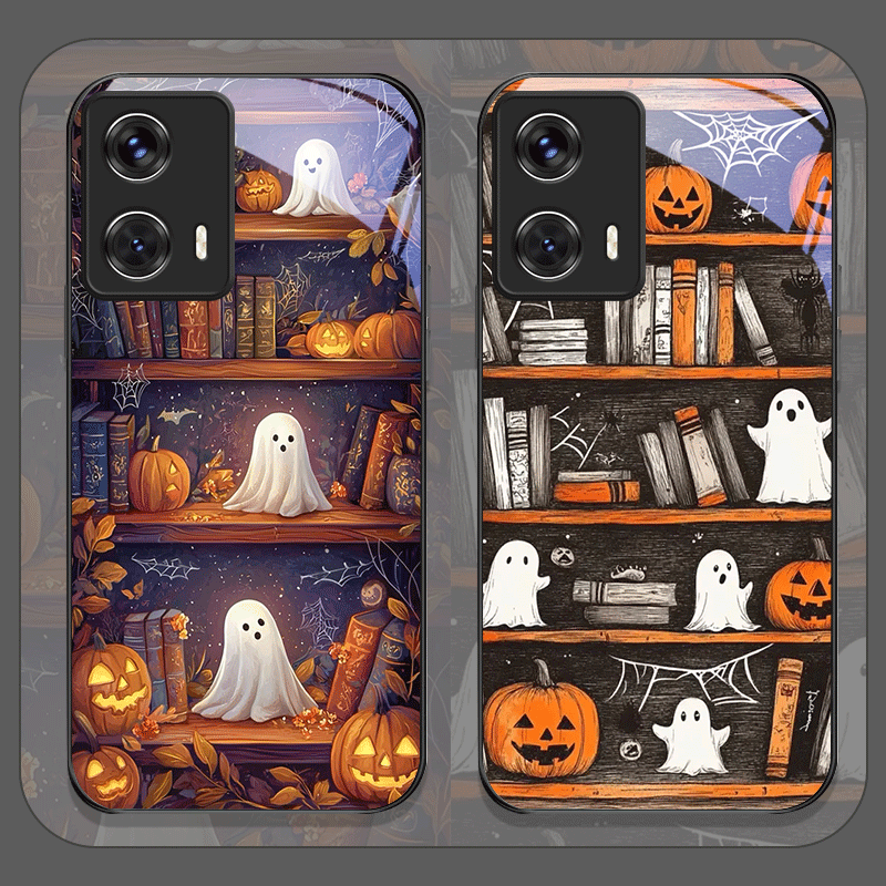 Phone Cases For Motorola - Halloween Pumpkin Ghost Bookshelf Tempered Glass