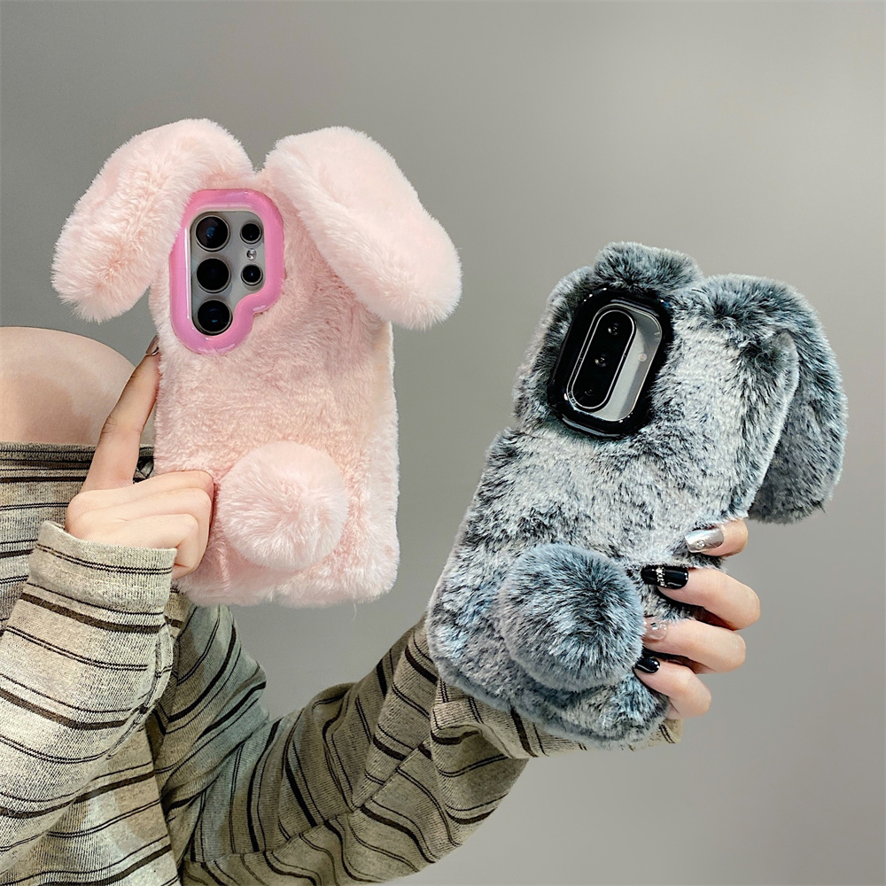Phone Cases Galaxy S24 - Cute Rabbit Ears Fluffy Stand Phone
